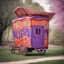 Placeholder: Old fashioned purple, orange and pink gypsy wagon decorated, curtains fluttering in the wind