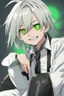 Placeholder: plauge doctor in balck leather clothes with silver hair, pale skin and bright green eyes smiling with sharp teeth, nice young face