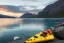 Placeholder: highly detailed glacial lake landscape, sunset, cinematic lighting, 4k, 8k, octane render, popular on 500px, pinterest, extremely detailed, ambient lighting, single frame, small fiberglass yellow solo sea kayak on rock pebble beach in foreground, norway, iceland, fjord