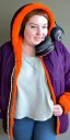 Placeholder: Brunette.thick thighs,thick calves,flat belly,curvy fell. big head. Mantle is sewed of upcycled Denim and sewed together of camouflage pieces. Pieces' color are orange, cream and purple. It is with big bright purple felt tippet and cream-colored-hood. mantle is merged with satchel. . Big AKG-style headphones (gold rings!) is merged with small felt cap with small visor. Style: Haute Couture in 1910's, N.Y.C fashion in 1996, inspired by street art 2023 Paris