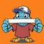 Placeholder: cartoon monster wearing a ballcap and T-shirt holding an directional arrow overhead with both hands, on solid color background