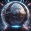 Placeholder: the capital letter H. Encased in a futuristic object which looks like a giant spaceship or dyson sphere. background is space. lots of greebling, lasers, tubes, cyberpunk details.