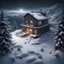 Placeholder: Hyper Realistic areal view of an abandoned house on the top of a mountain at heavy snowfall night