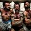 Placeholder: close up 35mm lens, top view of three gipsy prisoners 45 years old sleeping laying down inside a dirty jail, ugly, bullneck, strong beefy, in tank top, manly chest, tattoo, misery and poverty, photorealistic, ultradetailed, 32keyes