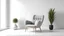 Placeholder: Scandinavian living room with gray armchair on empty white wall background. 3d rendering