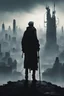 Placeholder: I'd like an old man dressed in rags and partially cyberized holding a staff, silhouette with his back turned looking at a dystopian city from extreme distance, giant social media screens in the distance, evoking feelings of loneliness