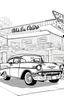 Placeholder: black and white outline art for an adult coloring page, a pristine 1957 Chevrolet Bel Air parked in front of a retro diner, full body, white background, sketch style, full body, only use outline, clean art , white background, no shadows and clear well outlined,