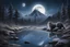 Placeholder: black, blue and white colors, hunting manul, fullmoon, pond, mountain, forest