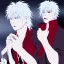 Placeholder: white haired anime vampire boy drinks deep red blood