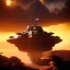 Placeholder: volumetric dramatic desert Battle scene with futuristic hovering military armored Hovercraft painted by chris foss, floating, 4k, 8k, Minutiae, highly detailed, gun Turret, Yellow pennant, hovering, stripes, sunset, duststorm, nimbus clouds]