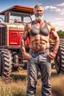 Placeholder: full body of a 50 years old farmer shirtless with a very big bulge and hairy under the sun near a tractor hyper-realistic