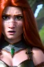 Placeholder: hyper realist, hyper detailed, stunningly beautiful teen woman, long ginger hair, green eyes, medium freckles, full lips, skimpy fantasy intricate leather armour, full body and head, c-cup breasts, shocked expression, centred camera, full frame, petite, centered camera