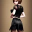 Placeholder: Russian short hair beautiful tomboy boyish boylike wide hips round hips shortcut in black girlish lacy dress in restaurant