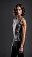 Placeholder: photography of a beautiful anorexic woman, grey satin triathlon top, sports illustrated, brunette short wavy bob haircut, pronounced sternum, flat chest, anthracite short leggins