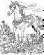 Placeholder: outline art for halloween coloring pages with horse and flowers, white background, Sketch style, full body, only use outline, clean line art, white background, no shadows and clear and well outlined, coloring page for kids, zombie