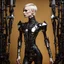 Placeholder: beautiful caucasian half cyborg woman, black metal body and limbs, chrome details, anorexic figure, blond bob haircut