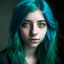 Placeholder: A portrait of a 16 years old girl. She has got turquoise hair and very dark blue eyes.