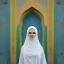 Placeholder: woman in flowing, white burka standing in front of a mosque with blue, green, gold mosaic walls, high-quality, fine-detail, intricate, ornate, volumetric lighting, 8k resolution, haunting, powerful, photo-realistic, high-quality