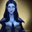 Placeholder: dungeons and dragons character, female half-elven sorcerer wearing a dark blue dress with long black hair, dark blue eyes, and mysterious facial expression, smiling, beautiful, close-up, realistic, symmetric features