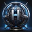 Placeholder: create me a large, centered letter H encased in a thin round, ornate black and chrome globe. gunmetal accents can be used. mechanical futuristic space cyberpunk style. extra electrical and pneumatic details, robot arms, laserguns. warp core, plasma couplings, the side of a spaceship. blue lights. background should be black. make the H big. It stands out by lighting and golden fringes. It's like the main symbol of a great space empire.