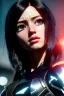 Placeholder: Alita battle angel, portrait from waist up, intricate eyeliner, vibrant eyeshadow, clear completion, soft lighting, 4k resolution, intricate details, insanely detailed, colorful cityscape background, masterpiece, expert, cinematic smooth, retroanime style, realistic details