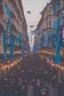 Placeholder: A full street in a big city with frech style building. The street is filled with blue flags held by people late at night