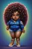 Placeholder: vibrant psychedelic pop punk image, airbrush, 48k, cartoon art image of a plus size chibi dark skinned Black female wearing a sapphire blue jean outfit with timberland boots. Prominent make up with brown eyes and lush lashes. Highly detailed tight curly ombre afro