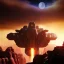 Placeholder: volumetric dramatic desert Battle scene with futuristic hovering military armored Hovercraft painted by chris foss, floating, 4k, 8k, Minutiae, highly detailed, gun Turret, antennae, pennant, hovering, stripes, sunset, Moon [duststorm, nimbus clouds]