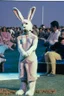 Placeholder: 1990 human show the winner is a "half human rabbit combined animal::40", realistic (film Color Mission 200::10) photo from old disposable camera , grainy photo, large