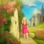 Placeholder:  Castle into sky, with flowers of fire. Green clouds and birds. Shy girl going out of the main gate. Detailed painting, soft color, medieval, intricate detail, far sceen, complementary colors, medieval concept art, spring.