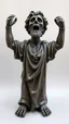 Placeholder: Ceramic style statue all colours are dark of an old church man from the 1000 BC in it a whole body and the head of dead man with thick curly hair and his eyes are open wide and open mouth with rage , raising his arms up