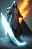 Placeholder: A warrior with a matte black combat helmet and eyes with bright blue flaming pupils, a black cape and a long coat with long combat boots and a long, sharp and fiery spear and with his helmet under his cape and two blue flames instead of eyes