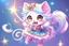 Placeholder: a cute fluffy chibi cat dancer in metallic silky shined colourful dress dynamically dancing and throwing up shiny metallic glitters