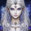 Placeholder: cosmic mage, elf, female, battle mage, epic, cosmic magic, long ears, white hair, face details, pale skin, jewellery, broad shoulders, sharp ears, cosmic clothes, cosmic eyes, ears shown, light out of eyes, the cosmos in eyes, stars in eyes, shining eyes, non human face, thin face, animation, detailed ears, magical eyes, non realistic, closed mouth, bigger make up