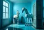 Placeholder: Imagen surrealista, un caballo y conejo con cuerpos humanos, en una habitación llena de agua hasta el cuello de ambos. Color de la habitación azul claro, azul celeste. Fotografía realizada con una cámara Leica y objetivo de 35 mm. Estilo onírico, manifiesto surrealista, estilo Tommy Ingberg