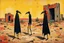 Placeholder: ong-legged surreal lean black-grey figures with beak-shaped heads in overcoat, profile, semi-silhouettes among ramshackle ruins in a barren landscape of red, yellow, black and beige colors, intricate acrylic painting