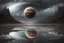 Placeholder: grey sky, planet in the sky, puddle, sci-fi, landscape, mountains, galactic cosmic influence