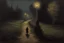 Placeholder: one person, pathway, night, dark gothic horror movies influence, disturbing, bernard van beek and alfred munnings impressionism paintings