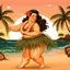 Placeholder: Create a whimsical illustration of a curvy Hawaiian woman doing the hula dance on a beach with palm trees in the background, give her a flower lei, a grass skirt, and make it look like a vintage postcard, setting at dusk, 80k
