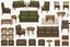 Placeholder: Sprite sheet, furniture, architectural plan, couch, table, chair, top view, dilapidated, post apocalypse,
