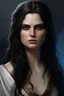 Placeholder: realistic portrait of a woman who looks like a greek goddess; she became mean after a stroke of faith, she is beautiful and has long dark hair