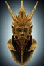 Placeholder: black male African Egyptian alien, cracks in the voodoo head, wicked, eyes, crown, blood, 8k, finely detailed, photo realistic, tiger turquoise skull head gold dragon space alien snow skeleton gold teeth silver crown silver space face mask