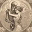 Placeholder: Memento mori with a tired looking 3/4 length skeleton standing behind and embracing in a dance like swirl a fainting young maiden, dynamic posture, macabre romance, couple is surrounded by botanical flower motifs, looks like a deep metal engraving, muted colors