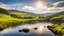 Placeholder: View in the English Lake District with beautiful sky, late afternoon spring sunshine, stone walls enclosing the fields, mountains and U-shaped valleys, river, lake, calm, peaceful, tranquil, rule of thirds, beautiful composition, exquisite detail