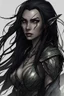 Placeholder: SA female elf with skin the color of storm clouds, deep grey, stands ready for battle. Her long black hair flows behind her like a shadow, while her eyes gleam with a fierce silver light. Despite the grim set of her mouth, there's a undeniable beauty in her fierce countenance. She's been in a fight, evidenced by the ragged state of her leather armor and the red cape that's seen better days, edges frayed and torn. In her hands, she grips two daggers, add dark shadow mystic purple flames