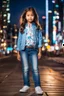 Placeholder: Little 8 years old 1girl wearing a pretty shirt and jean pant, standing pose,modern city ,night view