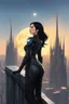 Placeholder: A slim Woman With Black Hair, Wearing an android-looking suit, standing sideways On a ledge of a building, with a waning moon Behind Her Head, towering spires and buildings highlighted by the setting sun