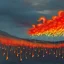 Placeholder: Painting of Umbrellas falling from sky. Open umbrellas. Umbrellas in air.in background Fire as rain. Fireballs falling. Flames in horizon. Clouds that look like fire. Rain that looks like fire.