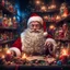 Placeholder: santa claus with happy smile, magic shop, magical treats and candy in jars, magical books and wands everywhere very dark room, candle light, bright vibrant colors, glowing sparkle particles, dark tone, sharp focus, high contrast, 8k resolution, incredible depth, shallow depth of field, dramatic lighting, beautifully intricate details, clean environment, epic dynamic scene