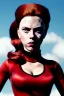 Placeholder: retro portrait image from 1960, sky background, wind, long red hair, fighting stance, sweet young Scarlett Johansson, black dress, classic long tight lycra black suit, gold bracelet and belt, high heel boots, superhero style, soft color, highly detailed, unreal engine 5, ray tracing, RTX, lumen lighting, ultra detail, volumetric lighting, 3d, finely drawn, high definition, high resolution.